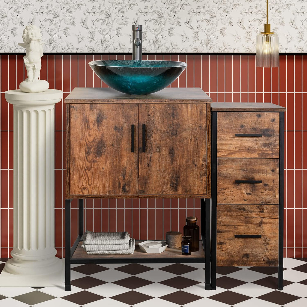 UEV 36' Antique Bathroom Vanity, Dark Brown Bathroom Vanity Set with Sink and 3 Drawers Side Cabinet Combo, Iron Wood Bathroom Cabinet with Adjustable Water Temperature Faucet (A10)
