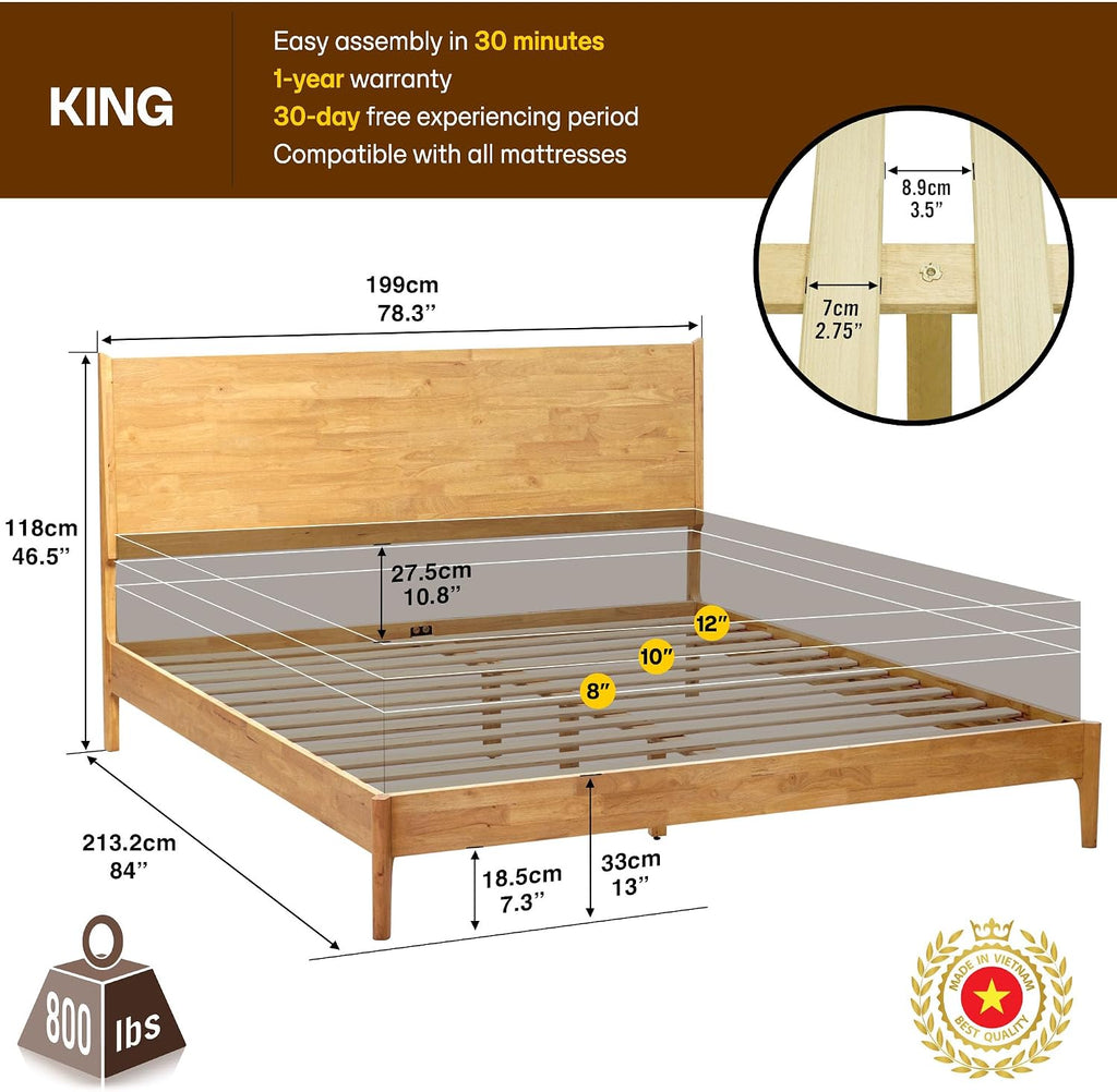 Acacia Haven King Size Bed Frame and Headboard, Solid Wood Platform Bed Frame Scandinavian Bed Compatible with All Mattress Types, No Box Spring Needed, 800lbs Wood Slats Support, Natural Oak