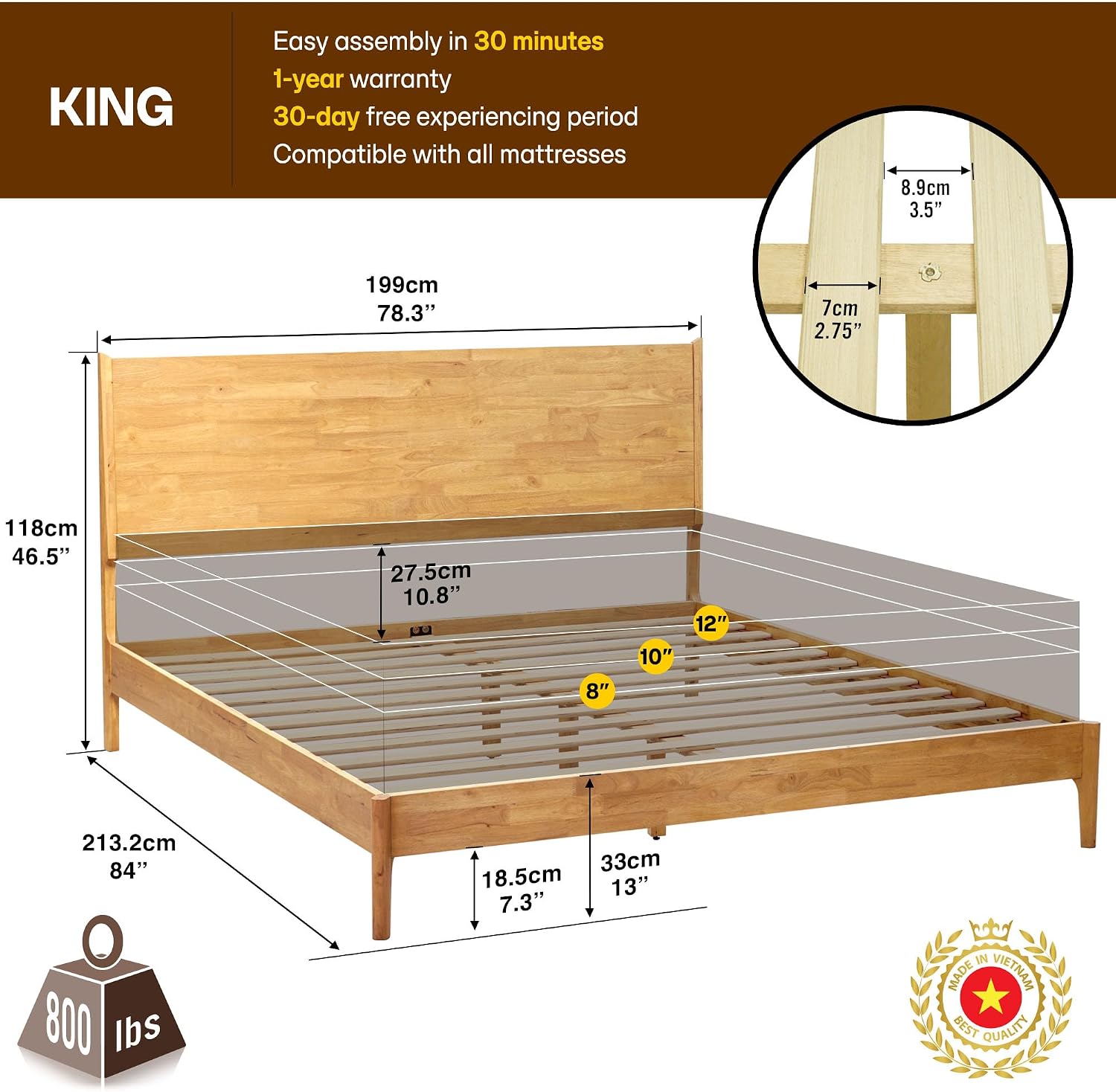 Acacia Haven King Size Bed Frame and Headboard, Solid Wood Platform Bed Frame Scandinavian Bed Compatible with All Mattress Types, No Box Spring Needed, 800lbs Wood Slats Support, Natural Oak