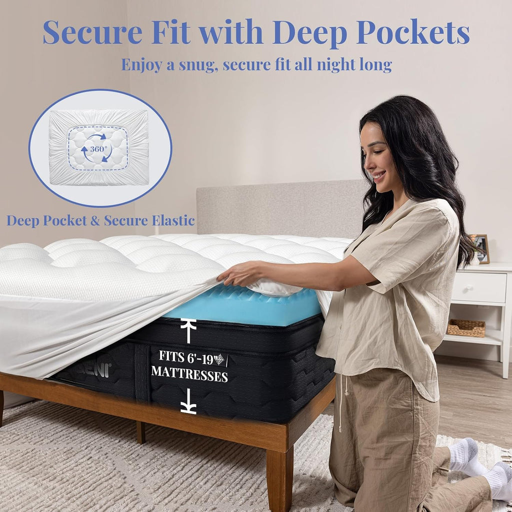 OhGeni Cooling 5 lnch Queen Size Dual Layer Mattress Topper, 3 Inch Egg Crate Gel Memory Foam, 2 Inch Pillow Top Pad, Bedroom Essentials Mattresses Cover, Extra Comfortable Sleep and Back Pain Relief