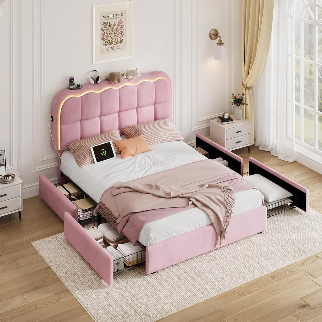 CypBed Full Size Bed Frame with 4 Storage Drawers & LED Lights, Velvet Upholstered Platform Bed Frame with Charing Station and Adjustable Headboard, Wood Slats Support, No Box Spring Needed, Pink