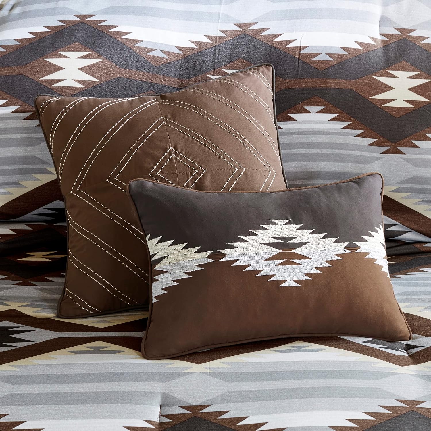 Woolrich King Comforter Set, Southwestern Aztec 8 Piece Bedding Set, Oversized All Season Down Alternative Comforter with Shams, Euro Shams, Decorative Pillows & Bedskirt, Rustic Cabin, Grey Brown