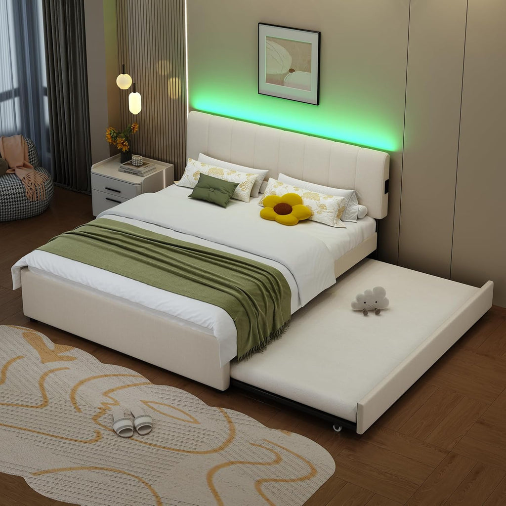 Queen Size Upholstered Platform Bed with Trundle and USB/Type-C Charging, Chenille Fabric Full and Twin Double Bed w/LED Lights with APP for Bedroom,Beige