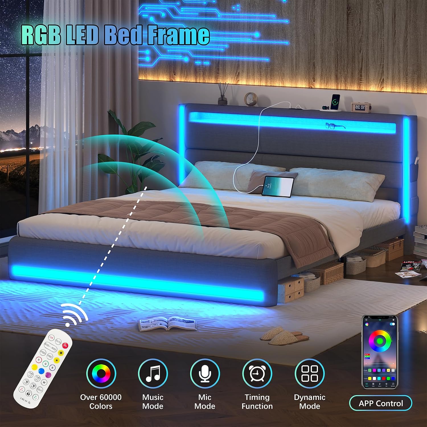 King Size Bed Frame and Adjustable Headboard, Light up King Size Platform Bed Frame with Type-C & USB Charging Station, LED Upholstered Metal Bed Frame King Size, No Box Spring Needed, Dark Grey