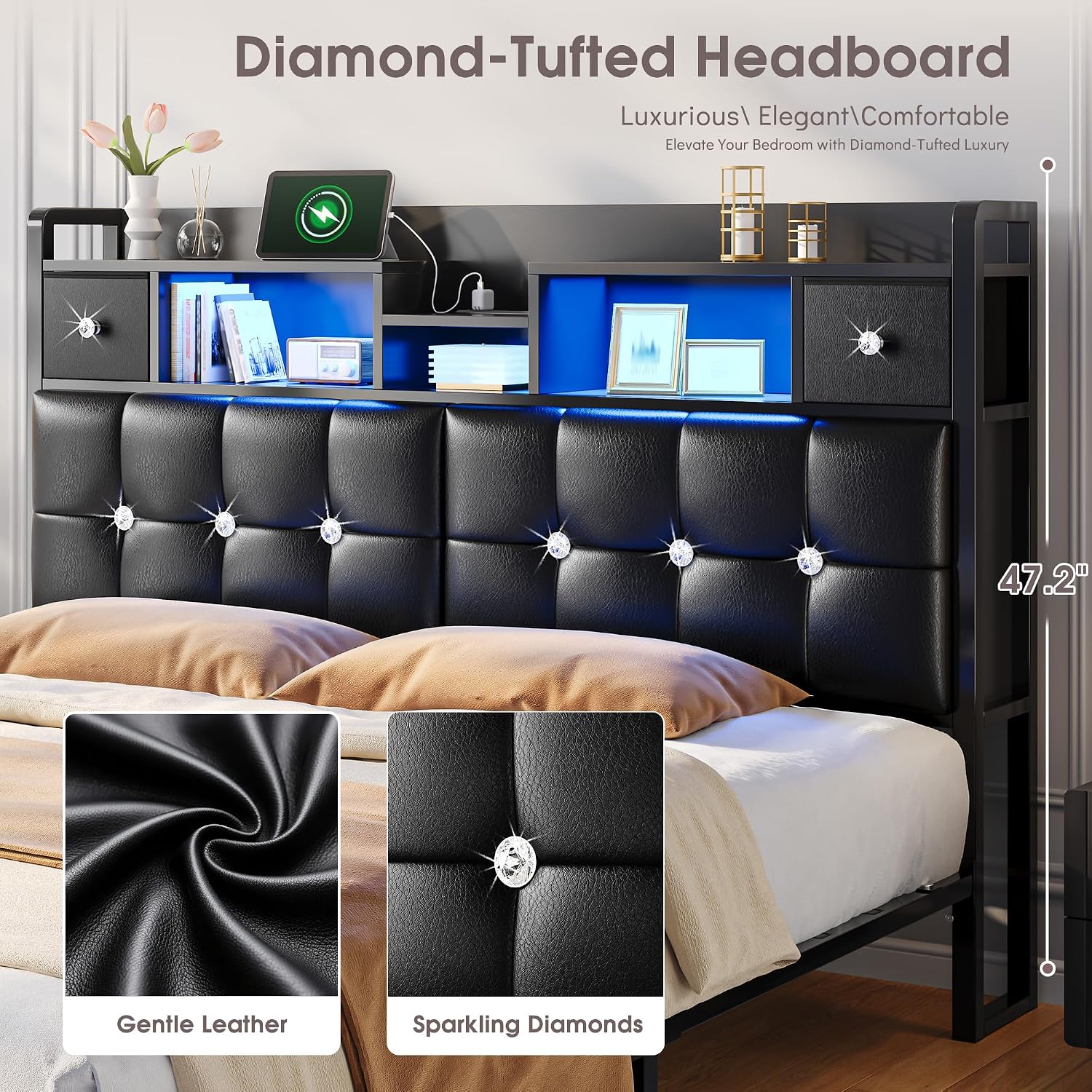 Homkdom Full Size Bed Frame with Hidden Storage Headboard & 4 Drawers,Diamond-Tufted Upholstered Leather Bed Frame Full with LED Lights & Charging Station,No Box Spring Needed,Modern Black