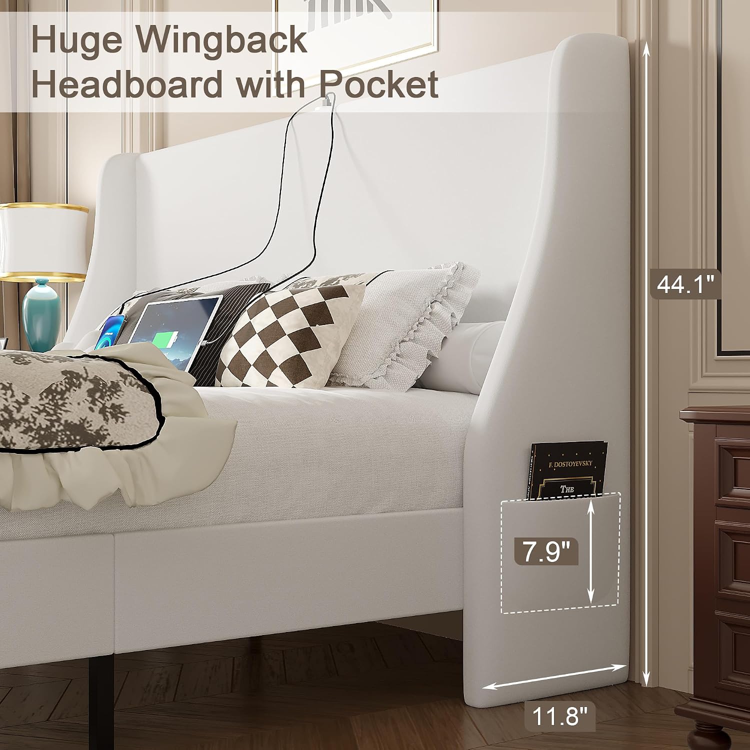 VECELO Queen Bed Frame with Upholstered Wingback Headboard, Heavy-Duty Platform Bedframe with Charging Station, Wooden Slats, No Box Spring Needed, White