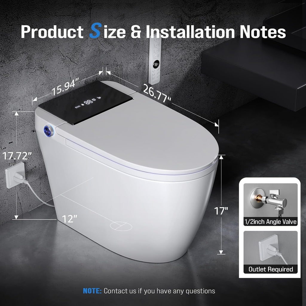 Electric Smart Toilet with Bidet Built-In & Tank, No Water Pressure Limit, Modern Design with Foam Shield, Foot Sensor & Auto Flush, Elongated One Piece, Heated Seat, Warm Air Dryer, 1000g MaP Flush