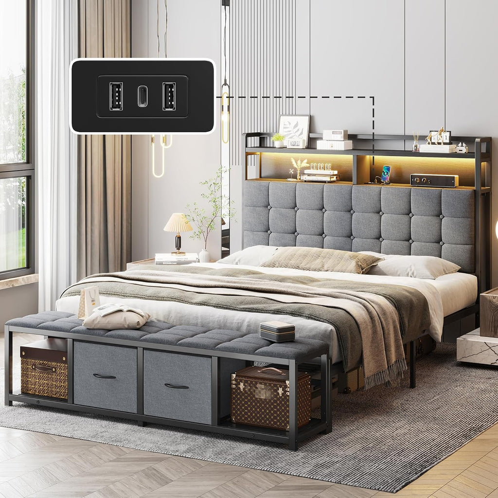 EnHomee Full Size Bed Frame with Headboard and 60' W Bed End Stool, 2 Drawers & LED & Charging Port Full Bed Frame with Storage Built in Charging Station,NO Noise,No Box Spring Needed,Gray