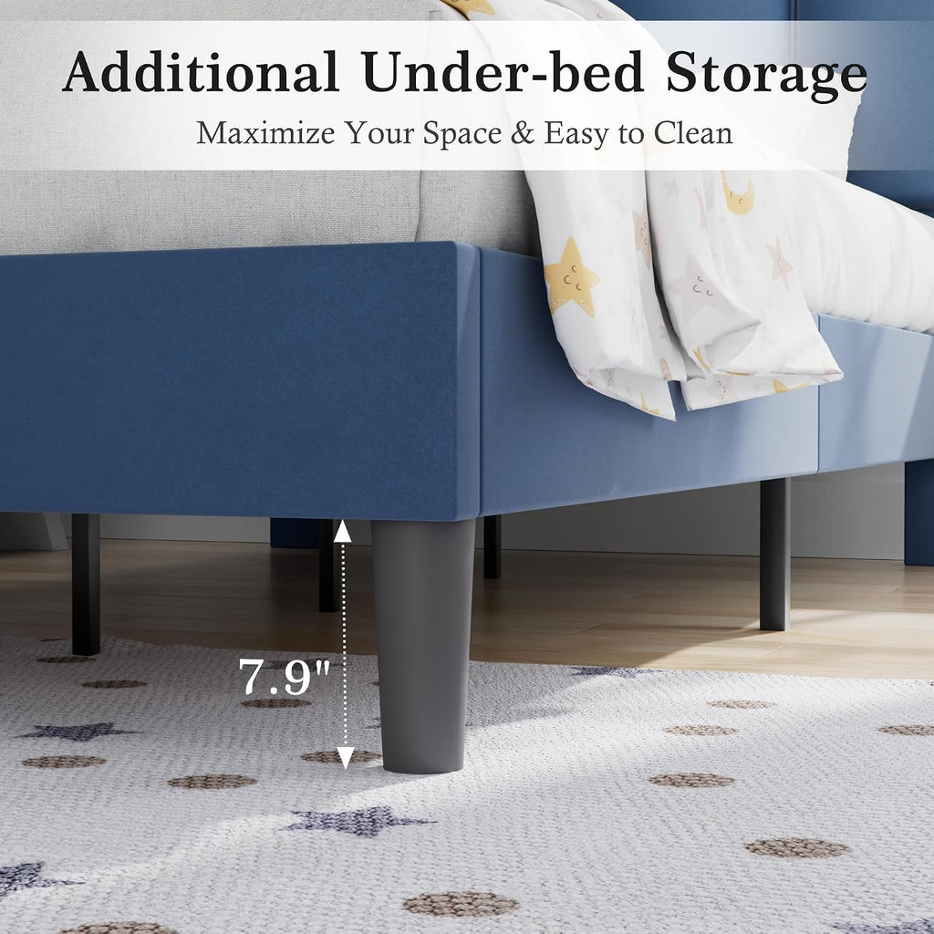 VECELO Twin Size Bed Frame with Upholstered Headboard, Heavy-Duty Bedframe with Wooden Slats & Steel Framework, Easy Assembly, Dark Blue