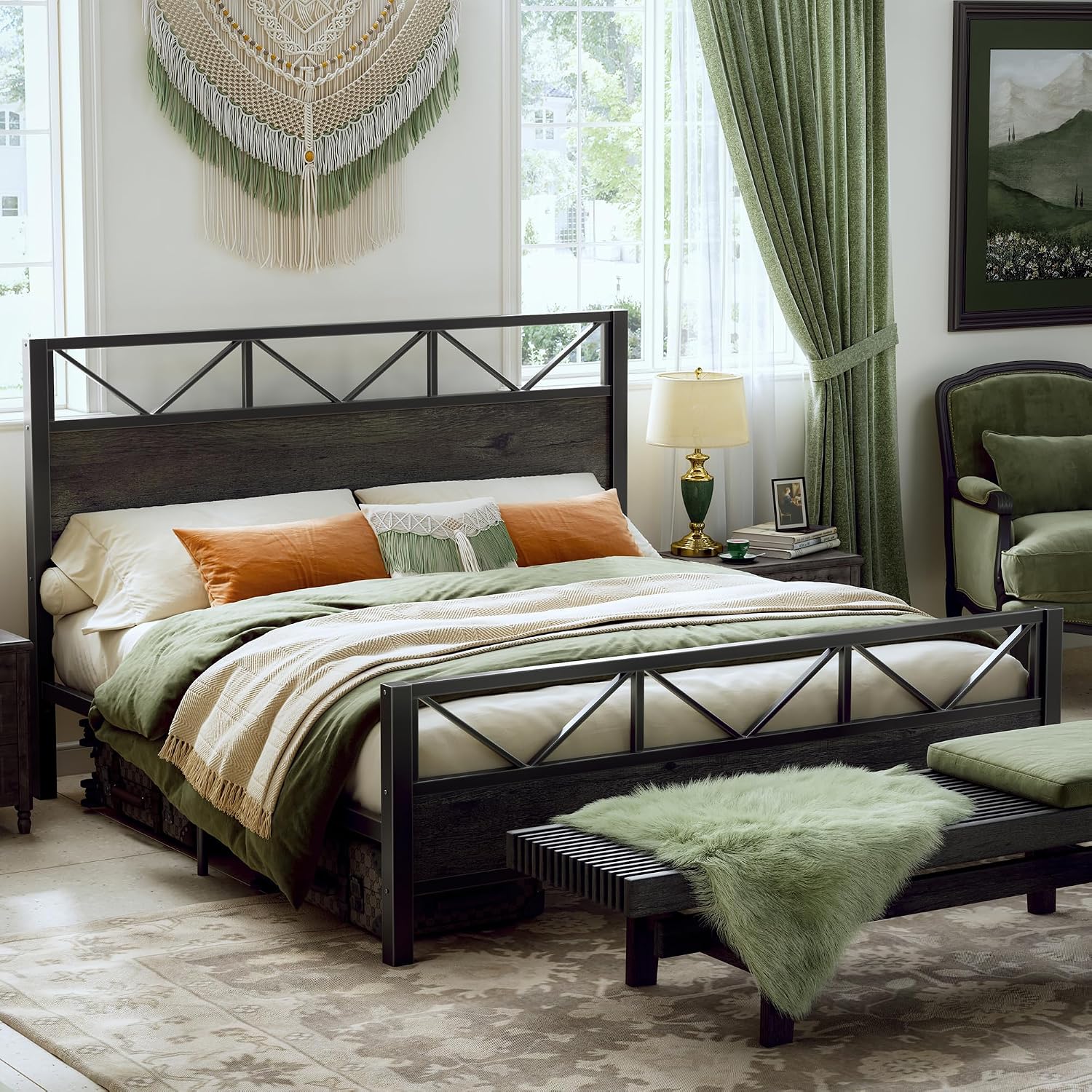 LIKIMIO King Bed Frame, Tall Industrial Headboard 51.2 ', Platform Bed Frame with Strong Metal Support, Solid and Stable, Noise Free, No Box Spring Needed, Easy Assembly, Charcoal Grey