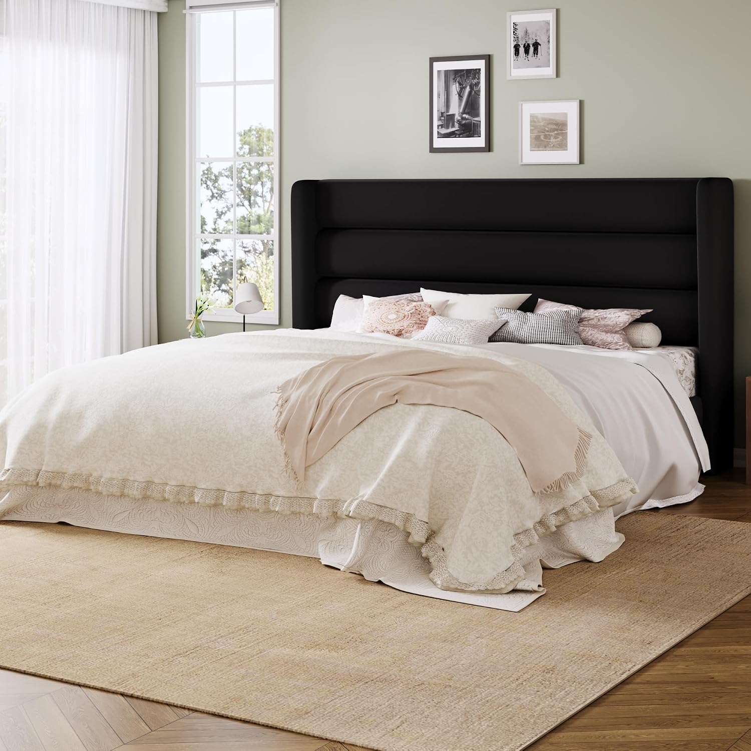 Allewie King Size Platform Bed Frame with Velvet Upholstered Wingback Headboard, No Box Spring Needed, Under Bed Storage Space, Strong Wooden Slats, Modern Mattress Foundation, Easy Assembly, Black