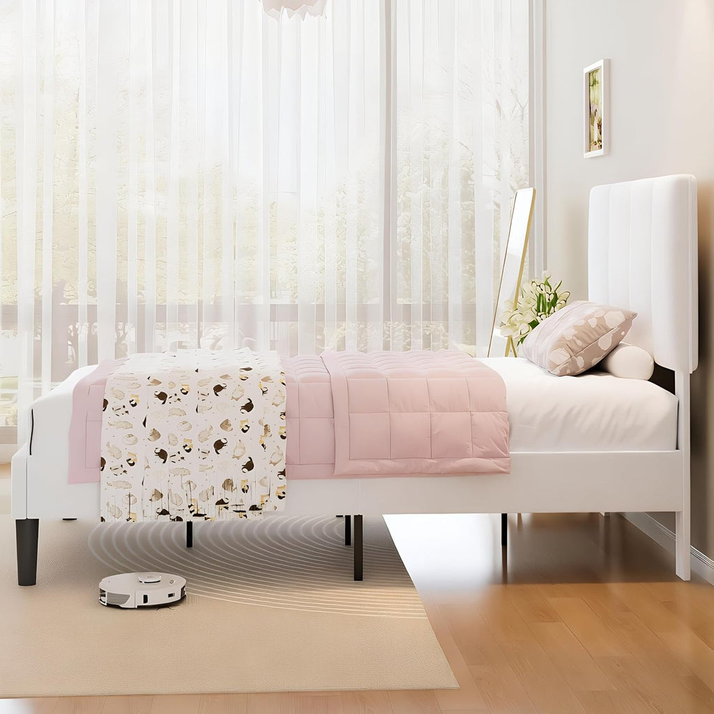 VECELO Twin Size Bed Frame with Upholstered Headboard, Heavy-Duty Bedframe with Wooden Slats & Steel Framework, Easy Assembly, Pure White