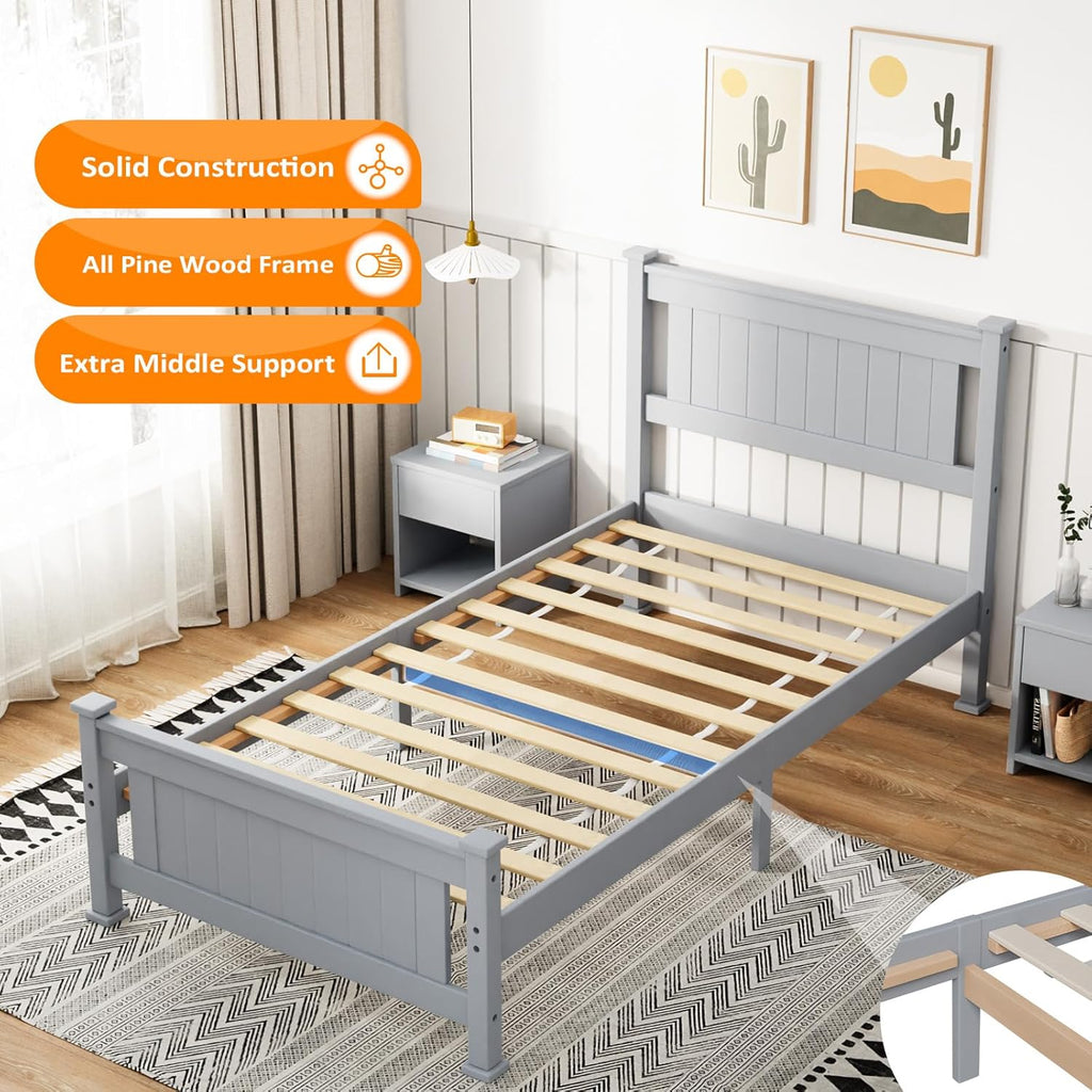 VINGLI Twin Size Set of 2 Solid Wood Bed with Headboard, Sturdy & Durable Construction,Modern Minimalist Panel Platform Bed with Strong Support for Kids,Adults & Guests,Sleigh Bed,Gray