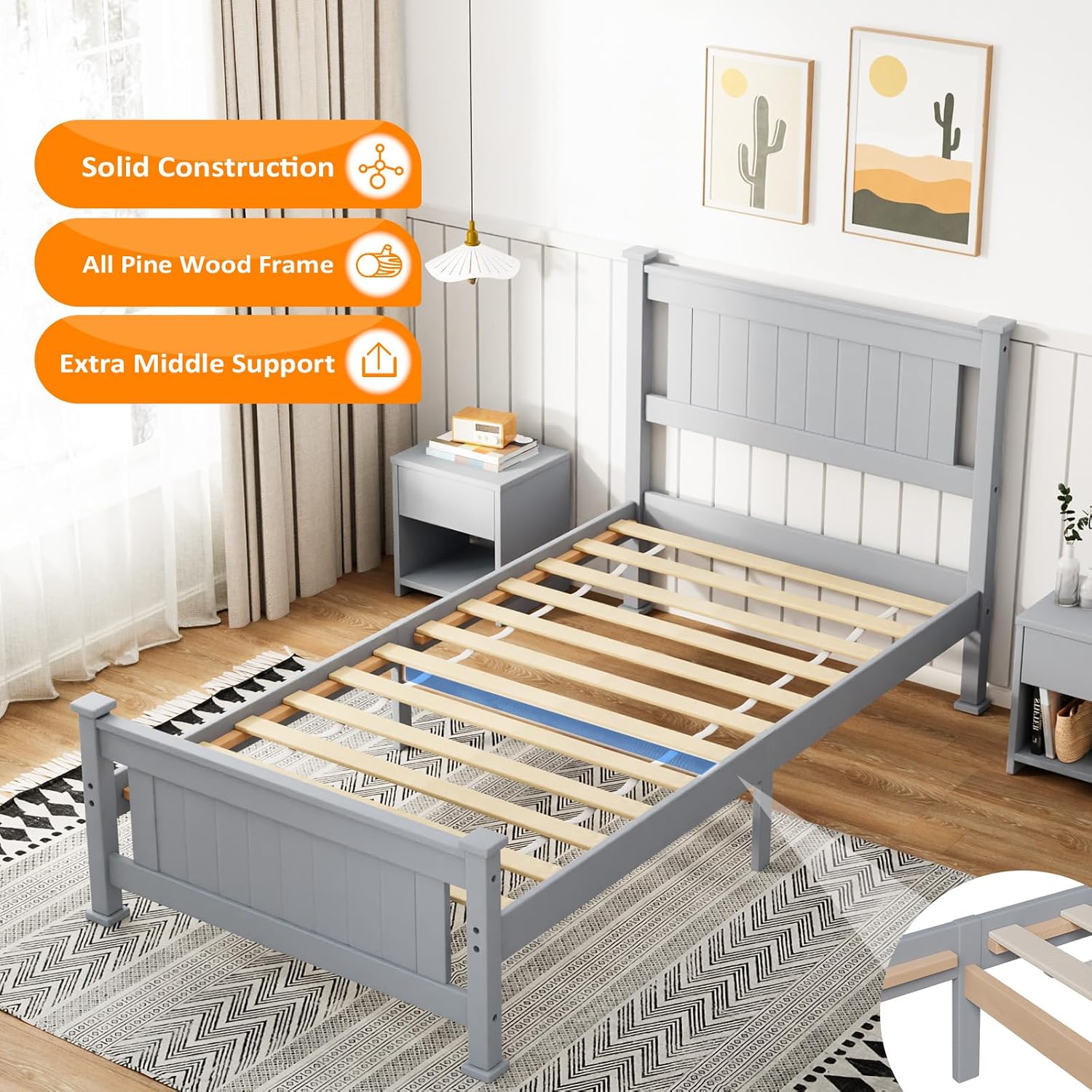 VINGLI Twin Size Solid Wood Bed with Headboard, Sturdy & Durable Construction,Modern Minimalist Panel Platform Bed with Strong Support for Kids,Adults & Guests,Sleigh Bed,Warm Gray