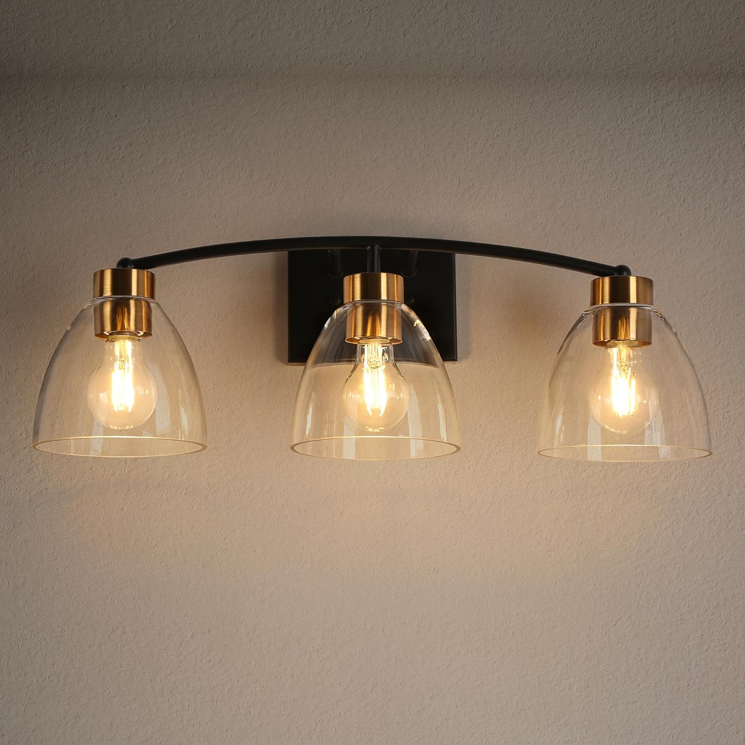 KSANA Bathroom Light Fixtures, 3-Light Black and Plating Brass Vanity Lights for Bathroom, 22.8'' Modern Farmhouse Bathroom Lighting Lights Over Mirror with Clear Glass Shade