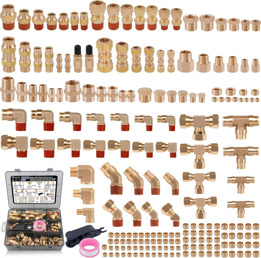 200 Pcs Brass DOT Air Brake Line Fittings & Air Nylon Tube Compression Fittings Assortment Kits,1/4' 1/8' 3/8' 1/2' NPT Push To Connect Fittings Quick Connect Air Hose Fittings