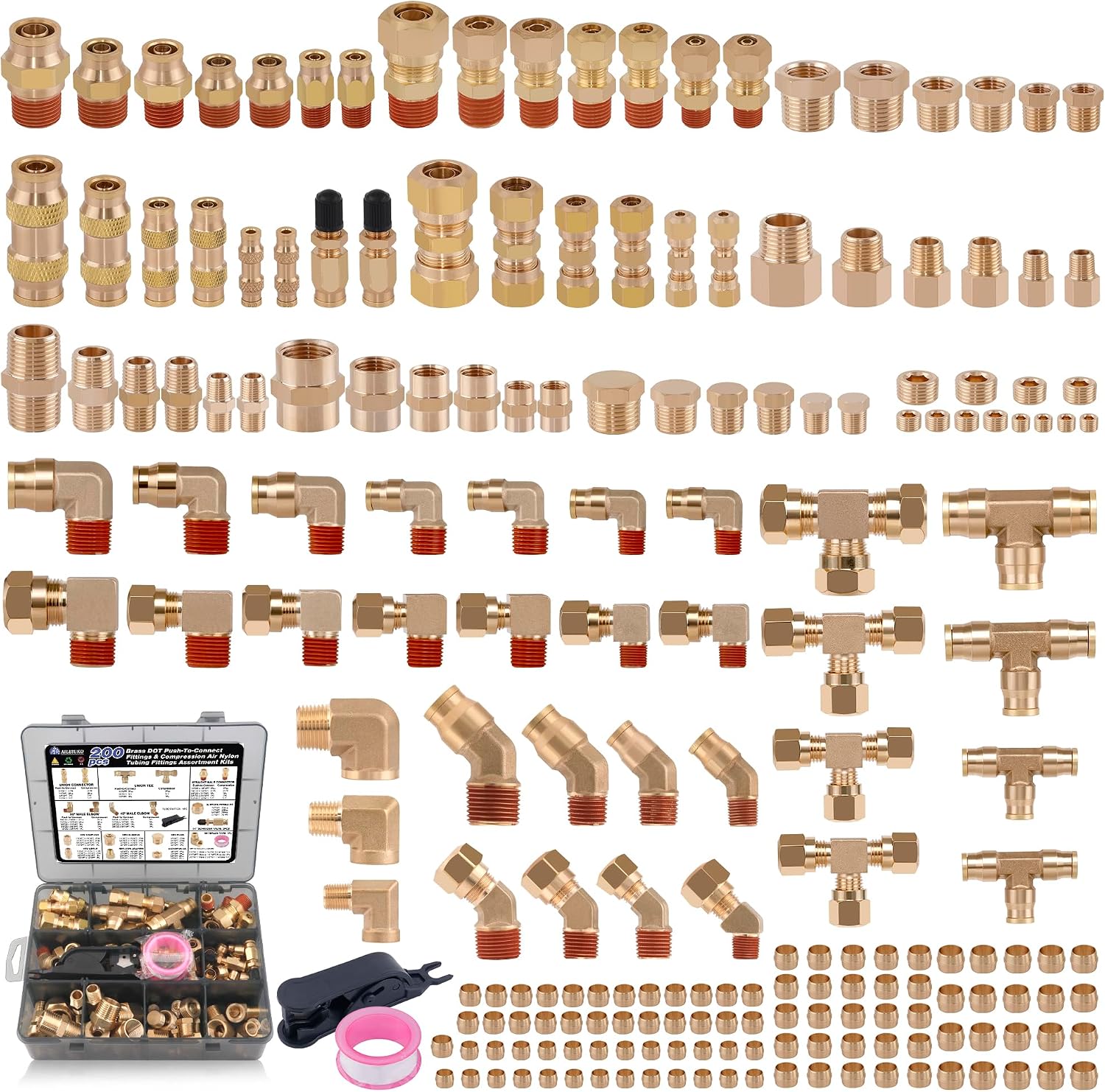 200 Pcs Brass DOT Air Brake Line Fittings & Air Nylon Tube Compression Fittings Assortment Kits,1/4' 1/8' 3/8' 1/2' NPT Push To Connect Fittings Quick Connect Air Hose Fittings