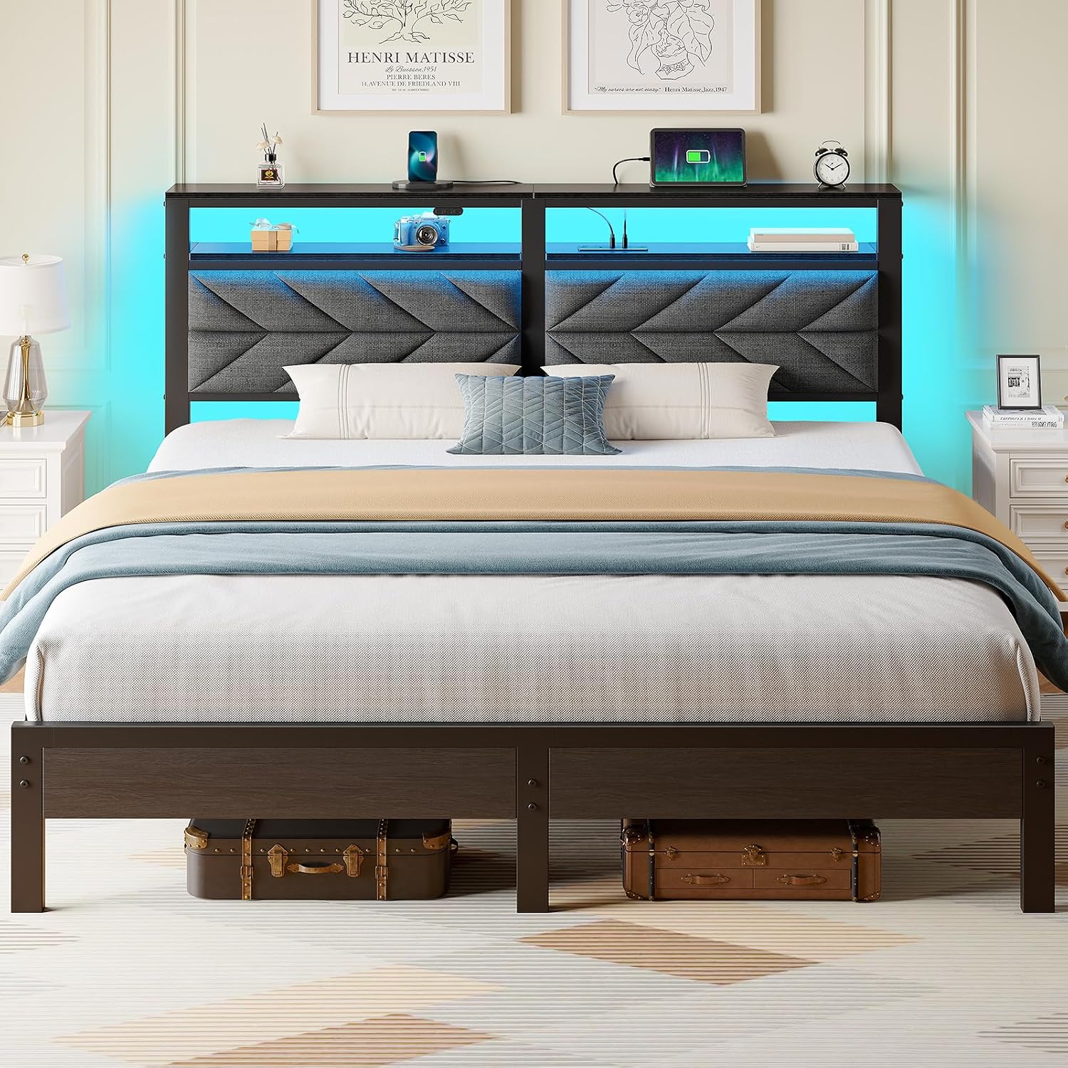 Seventable Bed Frame King Size with Charging Station, LED Bed with Upholstered Storage Headboard, Metal Platform Bed with Under Bed Storage, No Box Spring Needed, Noise Free, Easy Assembly, Grey