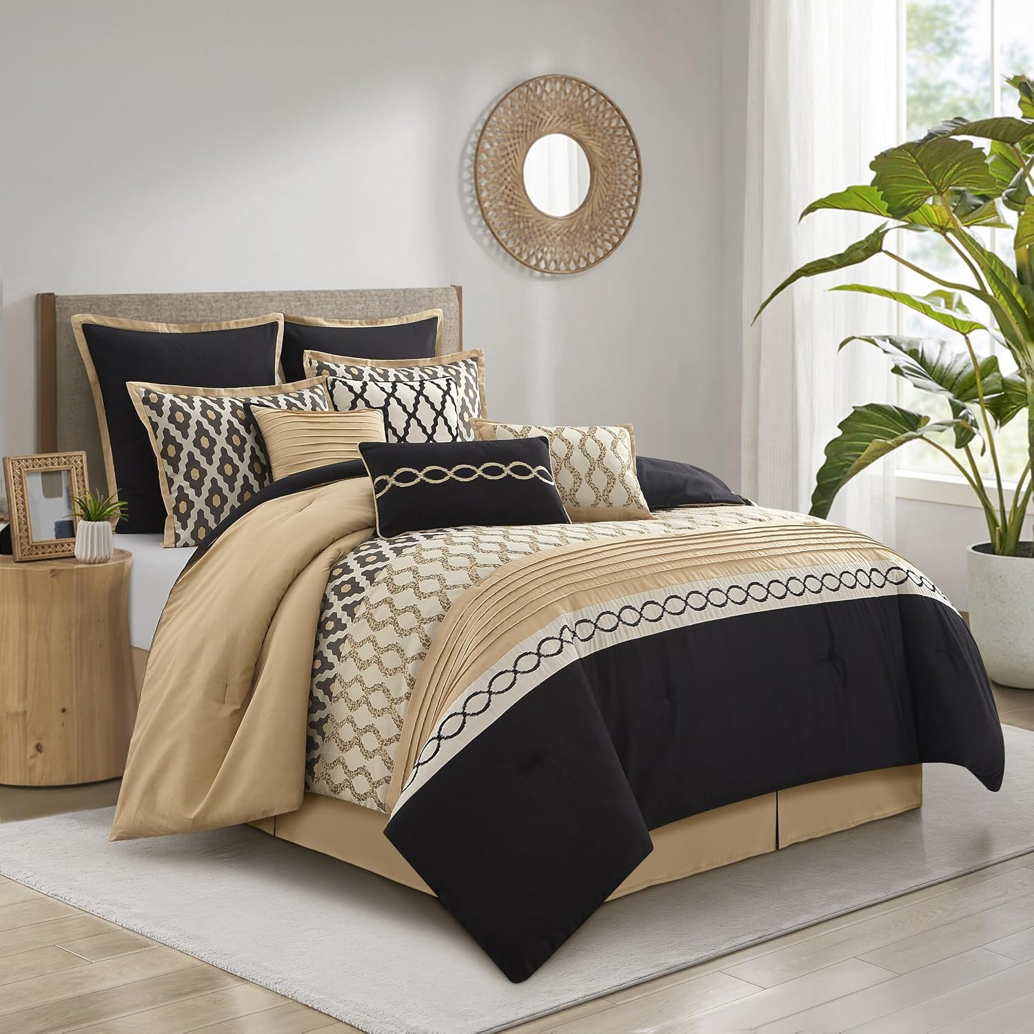 Stratford Park Geometirc King Black Gold Comforter Set, 10 Piece, Jacquard Bedding Comforters & Sets, Bedskirt, Pillows & Shams,