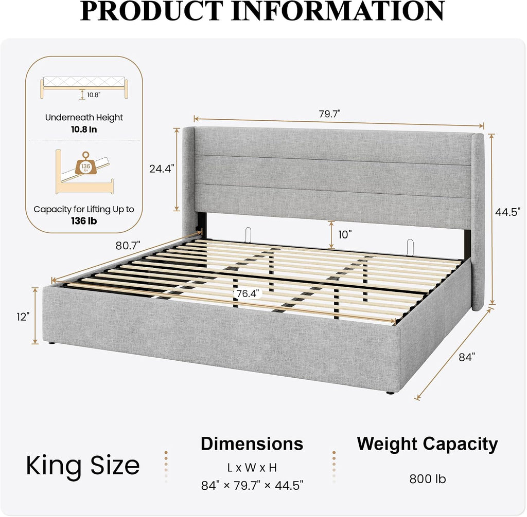 SHA CERLIN King Size Lift Up Storage Bed/Modern Wingback Headboard/Upholstered Platform Bed Frame/Hydraulic Storage/No Box Spring Needed/Wood Slats Support/Light Grey