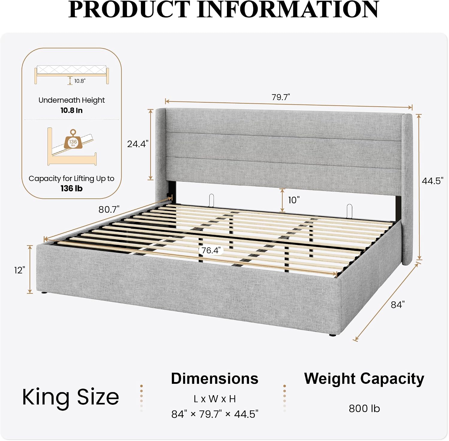 SHA CERLIN King Size Lift Up Storage Bed/Modern Wingback Headboard/Upholstered Platform Bed Frame/Hydraulic Storage/No Box Spring Needed/Wood Slats Support/Light Grey