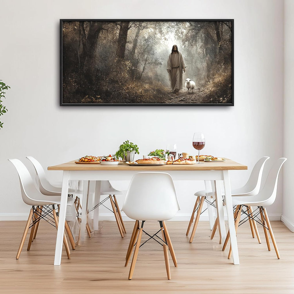 Vintage Christian Large Wall Art Framed Religious Wall Decor for Living Room Jesus Lamb Pictures Oversized Canvas Print Painting Modern Extra Large Artwork for Bedroom Office 60'x30'
