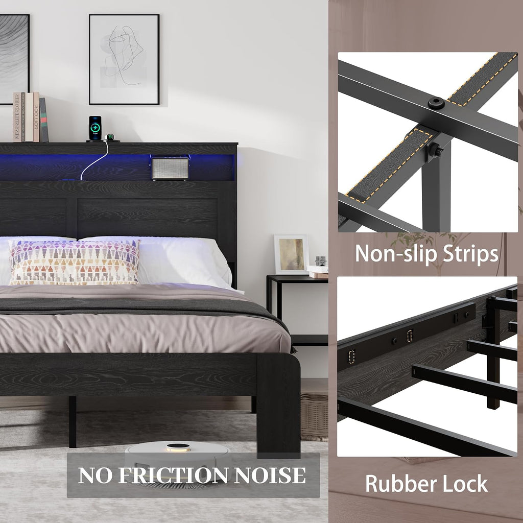 Wooden King Size Bed Frame with Headboard - Rustic Farmhouse Platform Bedframe with Metal Slat Support, Sturdy and No Noise, Easy Assembly (Rustic Black, King)