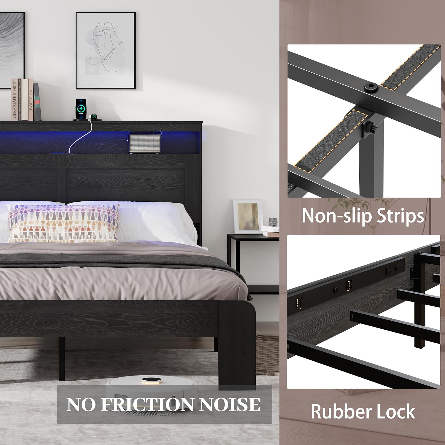 Wooden King Size Bed Frame with Headboard - Rustic Farmhouse Platform Bedframe with Metal Slat Support, Sturdy and No Noise, Easy Assembly (Rustic Black, King)
