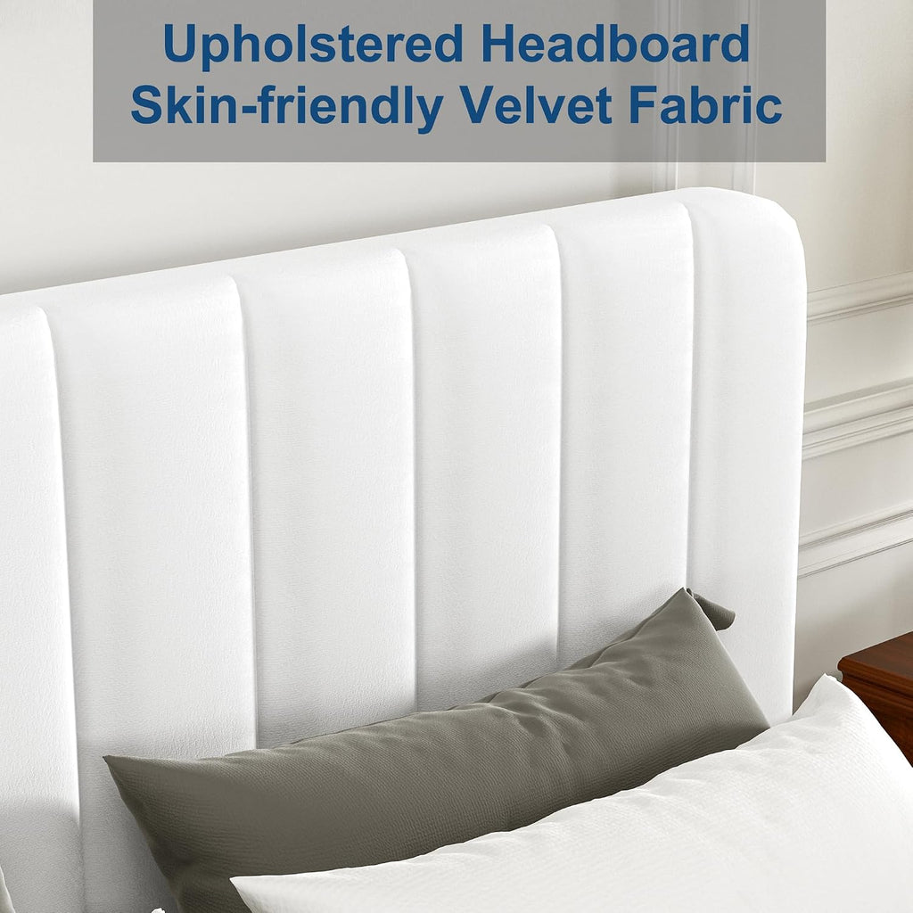 VECELO Queen Size Upholstered Bed Frame with 4 Drawers and Headboard, Velvet Platform Storage Bedframe, Wooden Slats Support, No Box Spring Needed,White