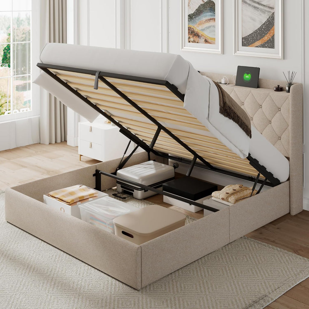 Feonase Full Size Bed Frame with Storage & Charging Station - Hydraulic Lift Up Platform Bed, Upholstered Button Tufted Headboard, Sturdy Wooden Slats, Noise-Free, No Box Spring Needed,Beige