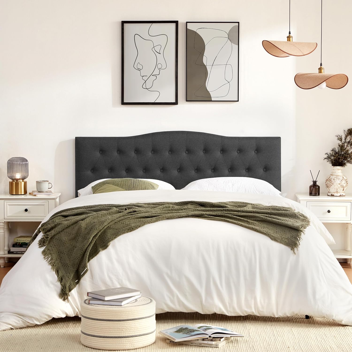 Huatean Home Tufted Upholstered Headboard King Size, Sturdy and Durable Solid Wood Bed headboard, Fabric Headboard Adjustable Height from 37' to 51', Modern Button Diamond Design Head Board, Black