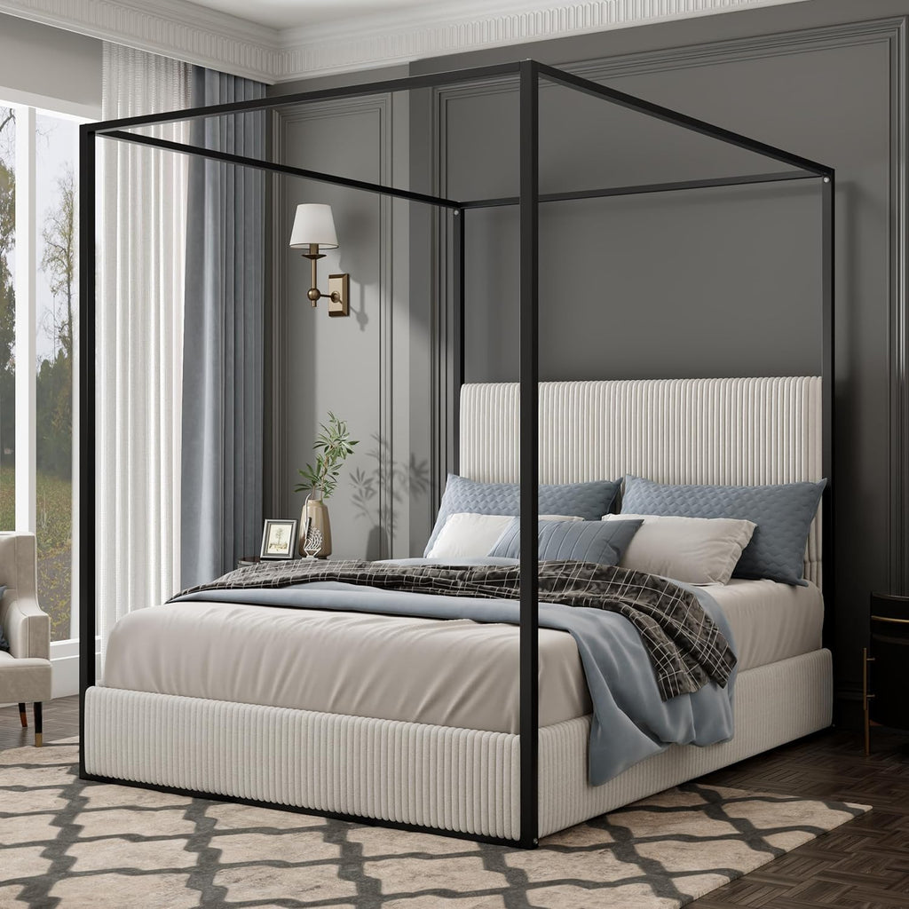 Queen Size Canopy Bed with Tall Upholstered Channel Headboard, Metal 4 Poster Upholstered Bed, No Box Spring Needed (Black + White, Queen)