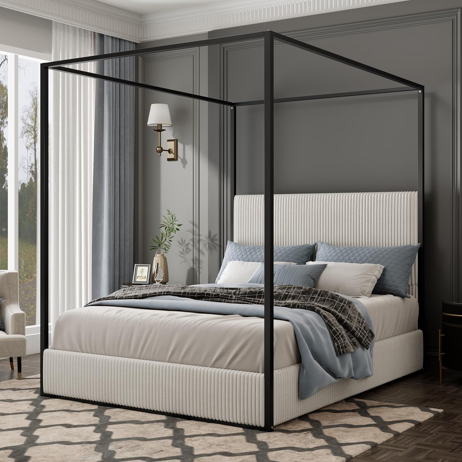Queen Size Canopy Bed with Tall Upholstered Channel Headboard, Metal 4 Poster Upholstered Bed, No Box Spring Needed (Black + White, Queen)