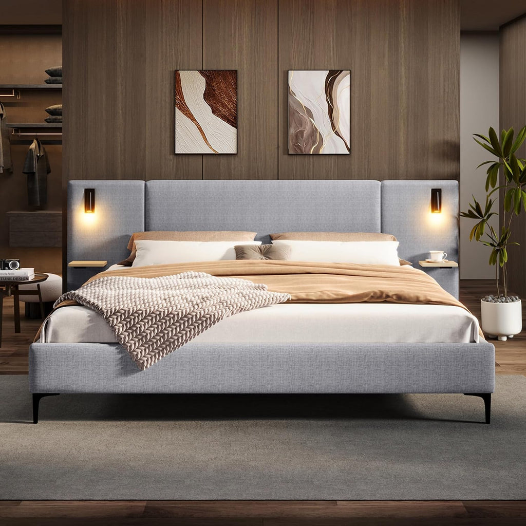 Merax Queen Size Chic Boucle Upholstered Platform Bed with Integrated Lights and Shelves, Bed Frame with Iron Legs for Teens Adults, Grey