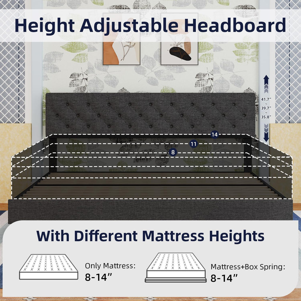 BarnFurin King Size Platform Bed Frame, Fabric Upholstered Bed with Button Tufted Headboard, Adjustable Headboard Design, Easy Assembly, No Box Spring Required, Dark Grey