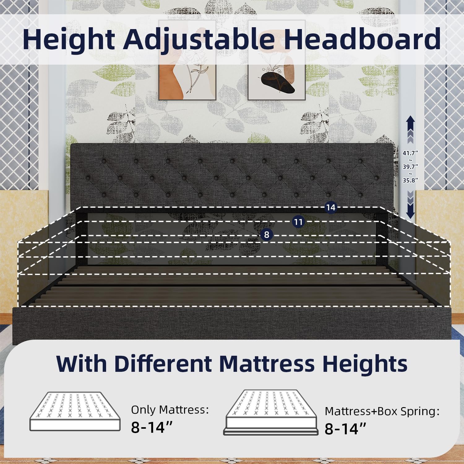BarnFurin King Size Platform Bed Frame, Fabric Upholstered Bed with Button Tufted Headboard, Adjustable Headboard Design, Easy Assembly, No Box Spring Required, Dark Grey