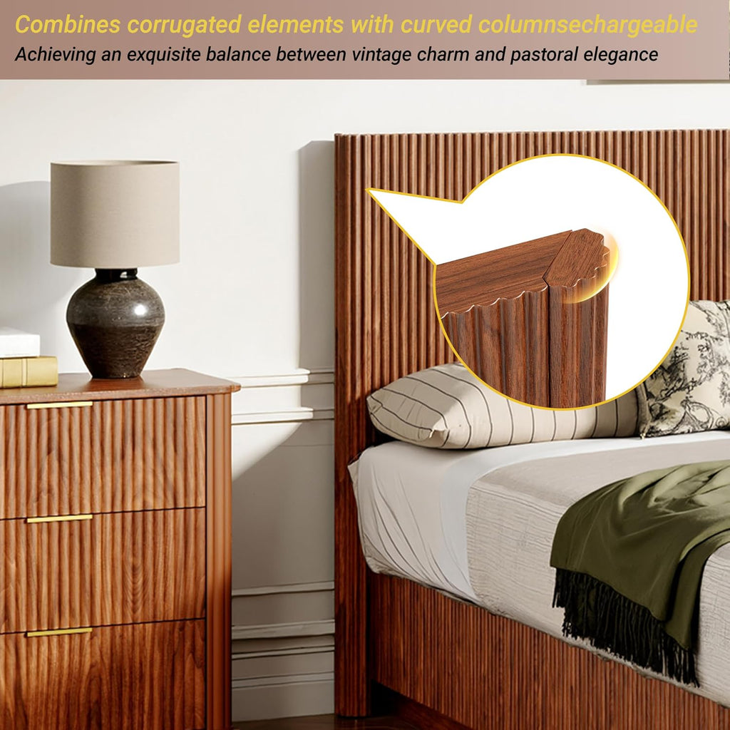 ivoros Mid Century Modern Bed Frame King Size, Fluted Platform Bed Frame with Headboard, Wood and Steel Platform Beds with LED Lights, Heavy Metal Frame Support, No Box Spring Needed, Walnut