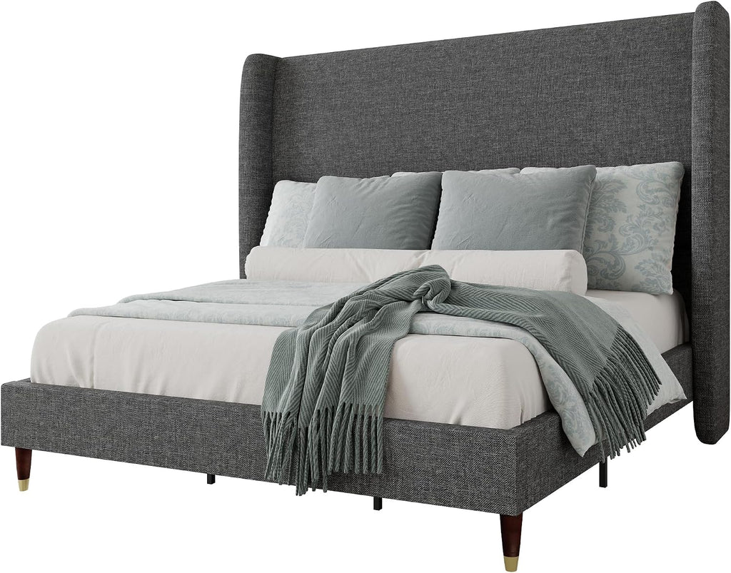 Jocisland King Size Bed Frame 51.2' Wingback Headboard Linen Upholstered Platform Bed with Solid Wood Legs & Wooden Slats, No Box Spring Needed, Modern Minimalist Style, Easy Assembly, Dark Gray