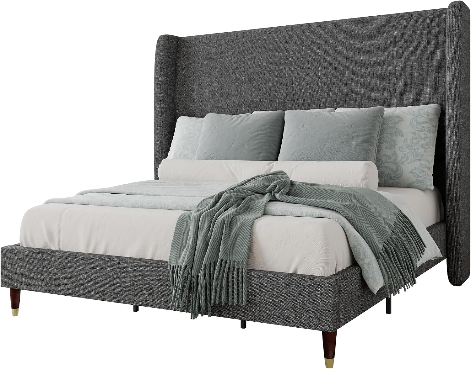 Jocisland King Size Bed Frame 51.2' Wingback Headboard Linen Upholstered Platform Bed with Solid Wood Legs & Wooden Slats, No Box Spring Needed, Modern Minimalist Style, Easy Assembly, Dark Gray