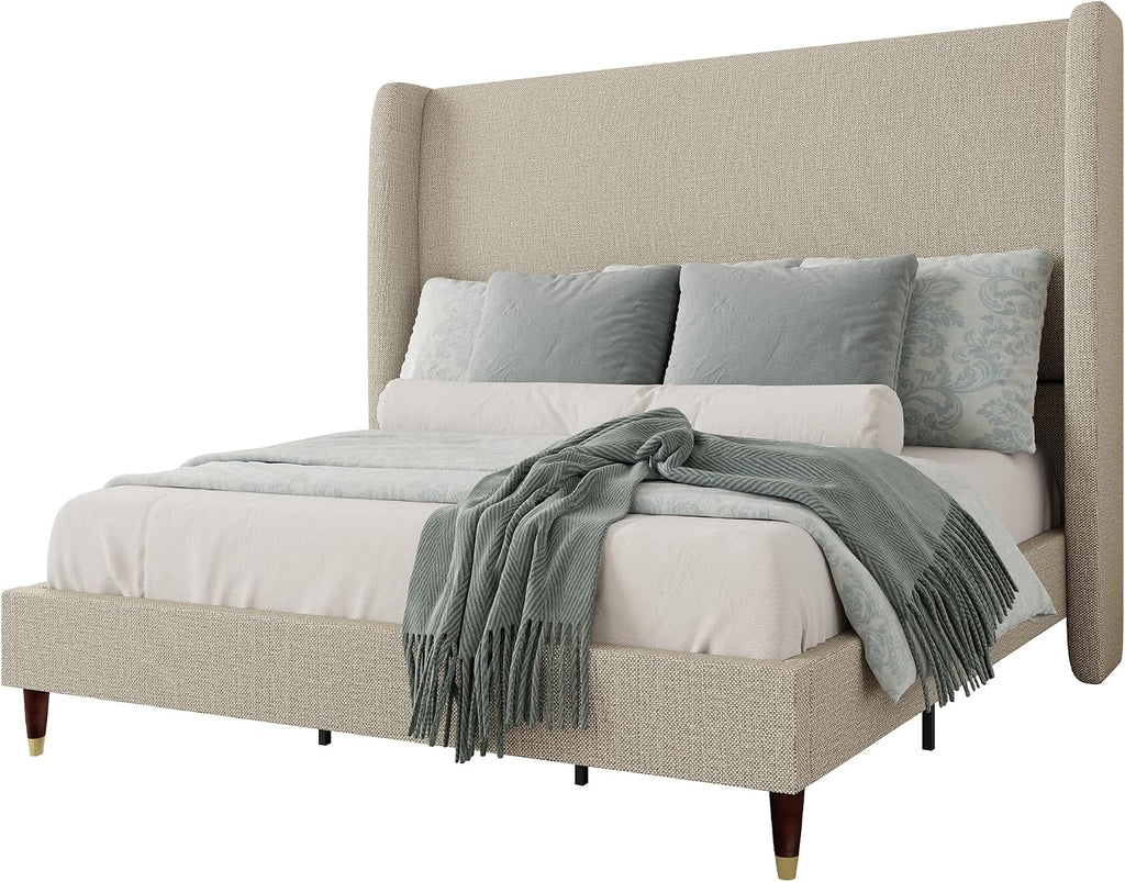 Jocisland Queen Size Bed Frame 51.2' Wingback Headboard Linen Upholstered Platform Bed with Solid Wood Legs & Wooden Slats, No Box Spring Needed, Modern Minimalist Style, Easy Assembly, Brown