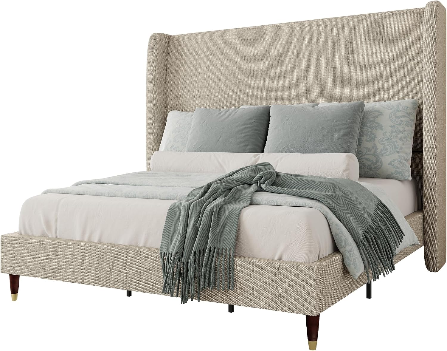 Jocisland Queen Size Bed Frame 51.2' Wingback Headboard Linen Upholstered Platform Bed with Solid Wood Legs & Wooden Slats, No Box Spring Needed, Modern Minimalist Style, Easy Assembly, Brown