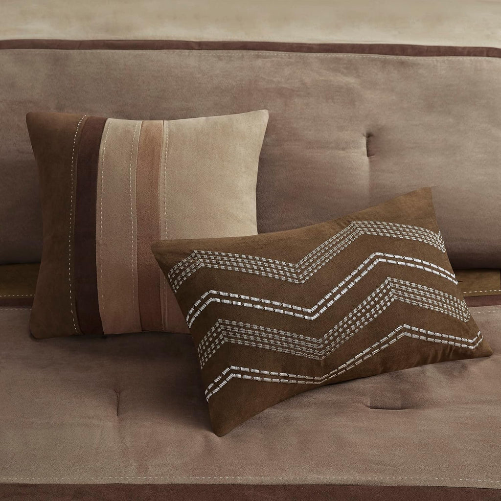 Madison Park Palisades Comforter Set Modern Faux Suede Pieced Stripe Design, All Season Down Alternative Cozy Bedding with Matching Shams, Decorative Pillows, King(104'x92'), Brown 7 Piece