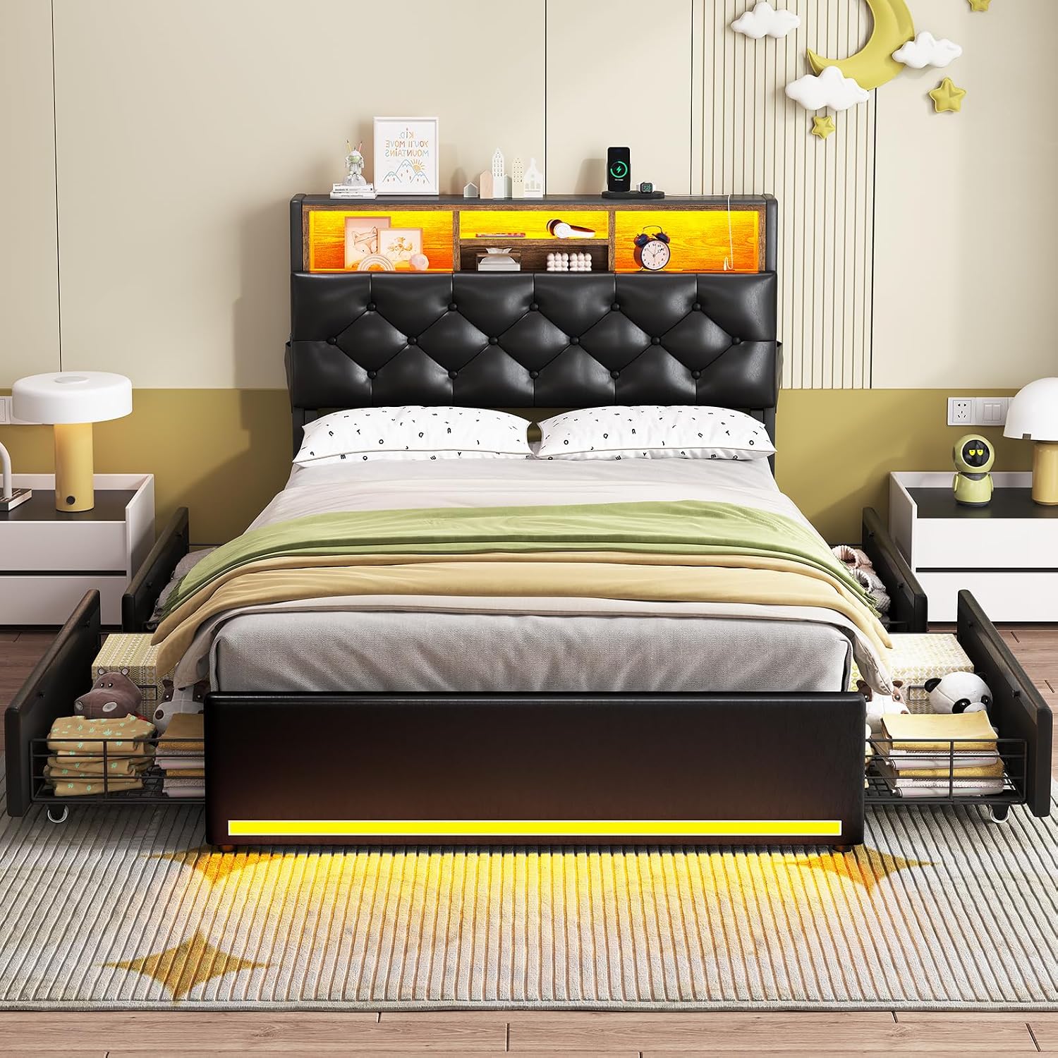 HAUOMS Twin Bed with 3-Tier Headboard & Hidden Storage, Upholstered LED Frame with 4 Drawers and Charging Station, Platform Metal Bed with Storage, No Box Spring Needed, PU Black