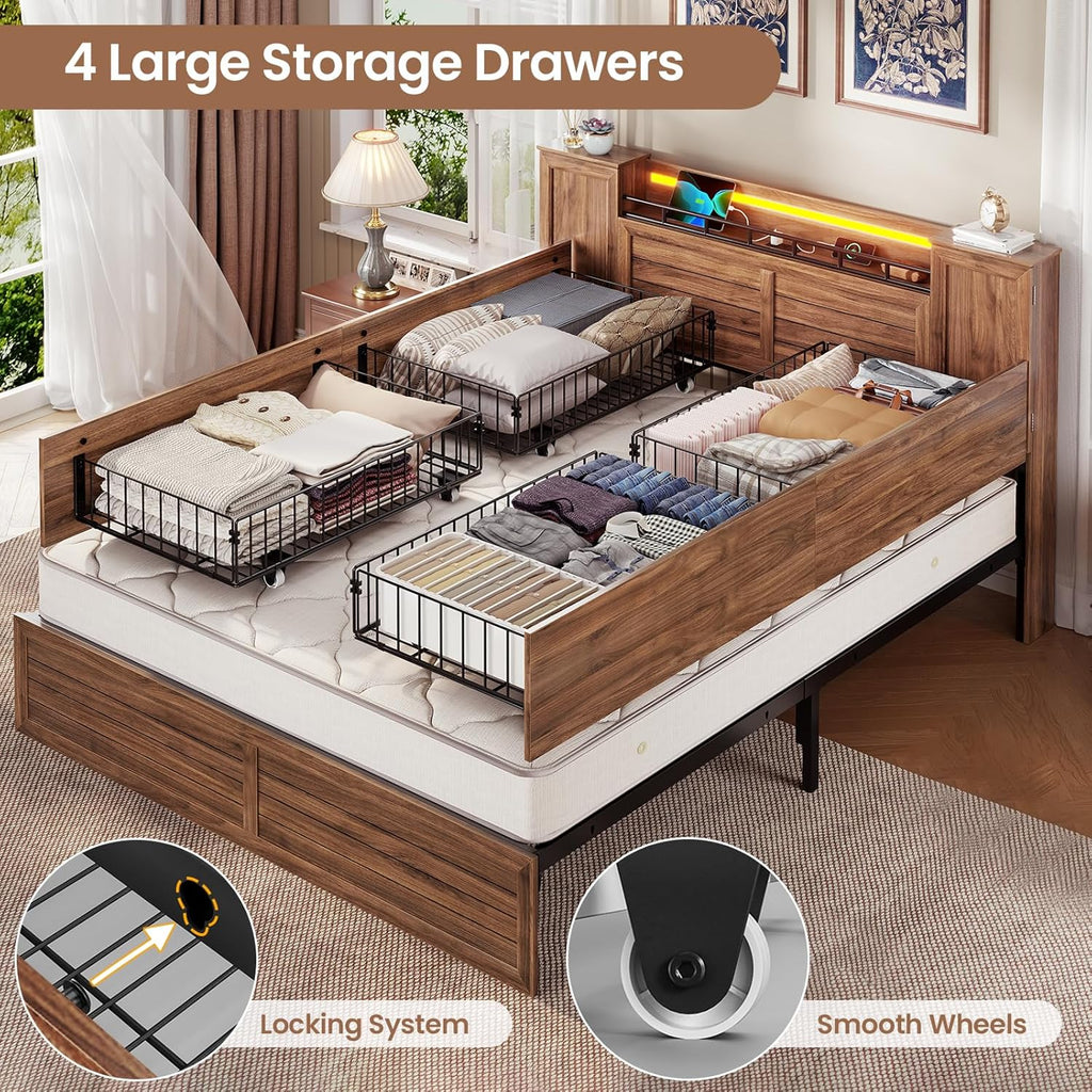 VIAGDO Farmhouse Full Size Bed Frame with Headboard and Double Barn Door Storage Cabinets, Rustic Wooden Bed Frame Full with Charging Station, 4 Drawers and LED Lights, No Box Spring Needed, Brown