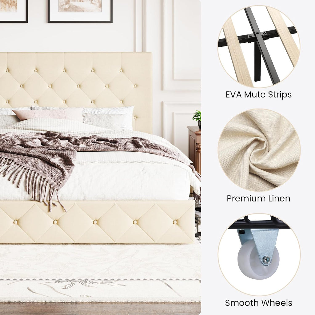 SHA CERLIN Upholstered King Size Platform Bed Frame with 4 Storage Drawers, Adjustable Headboard with Diamond Stitched Button Tufted Design, Wooden Slat Support, No Box Spring Needed, Beige