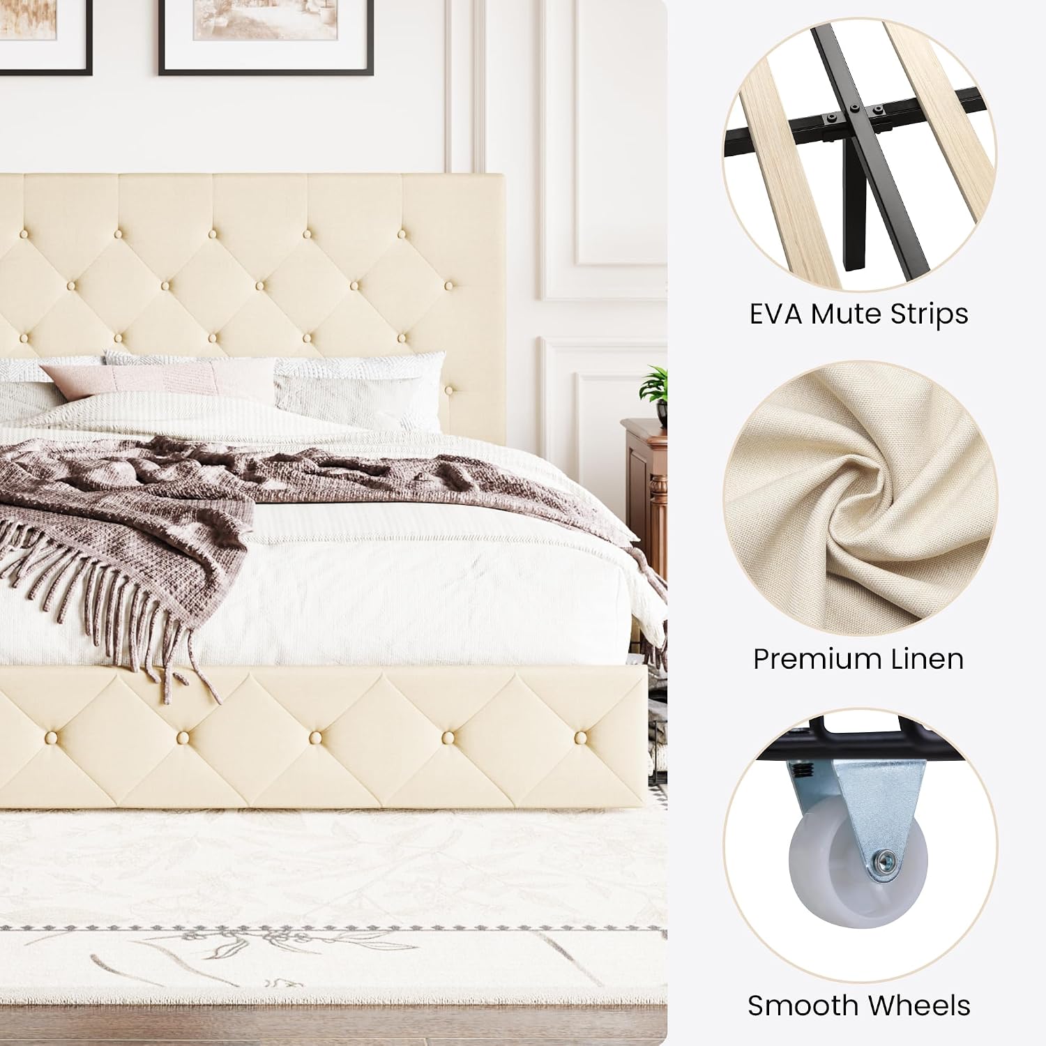 SHA CERLIN Upholstered King Size Platform Bed Frame with 4 Storage Drawers, Adjustable Headboard with Diamond Stitched Button Tufted Design, Wooden Slat Support, No Box Spring Needed, Beige