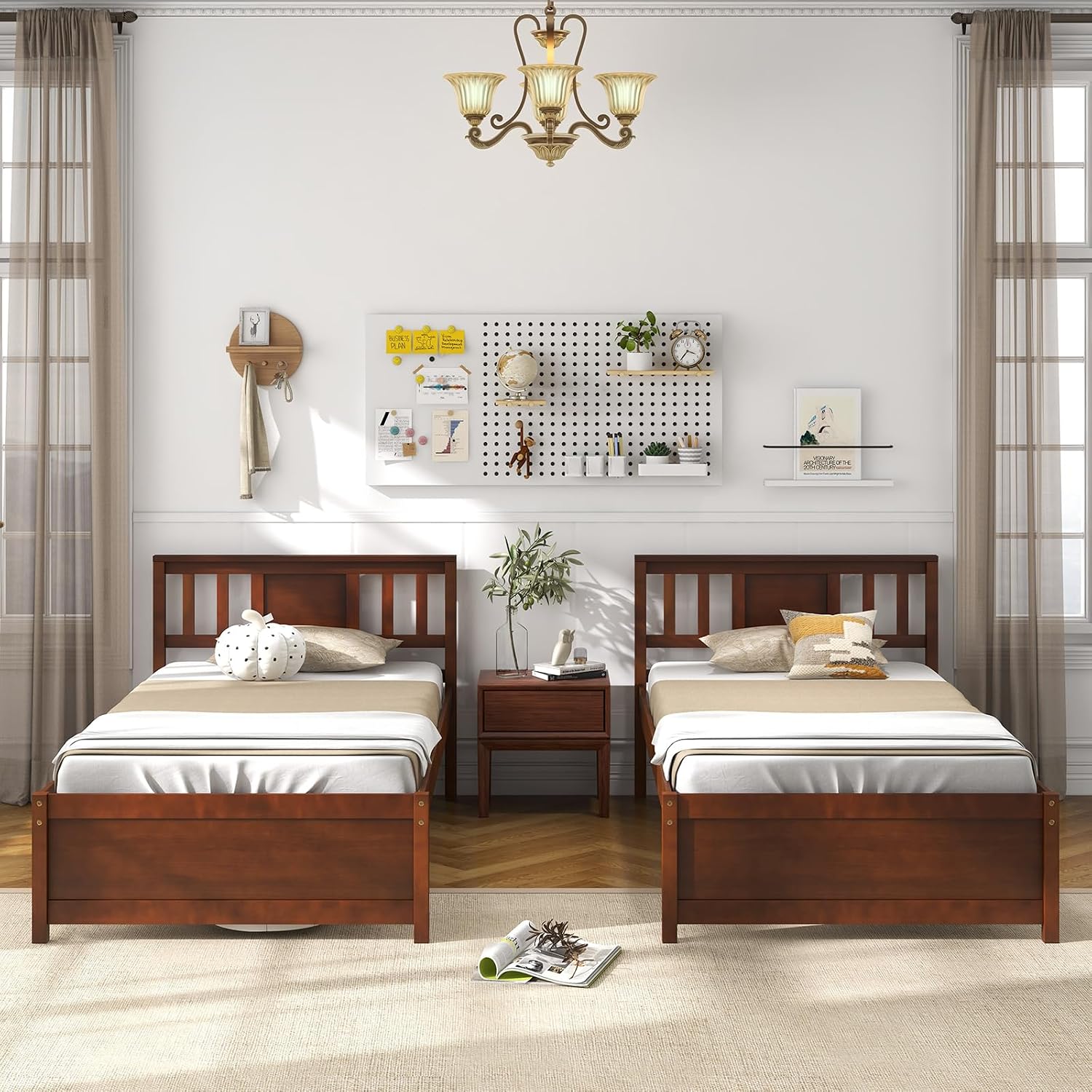 Giantex Twin Bed Frame With Headboard, Mid Century Solid Wood Platform Bed, Single Panel Bed With Slat Support, No Box Spring Needed, for Kids, Walnut