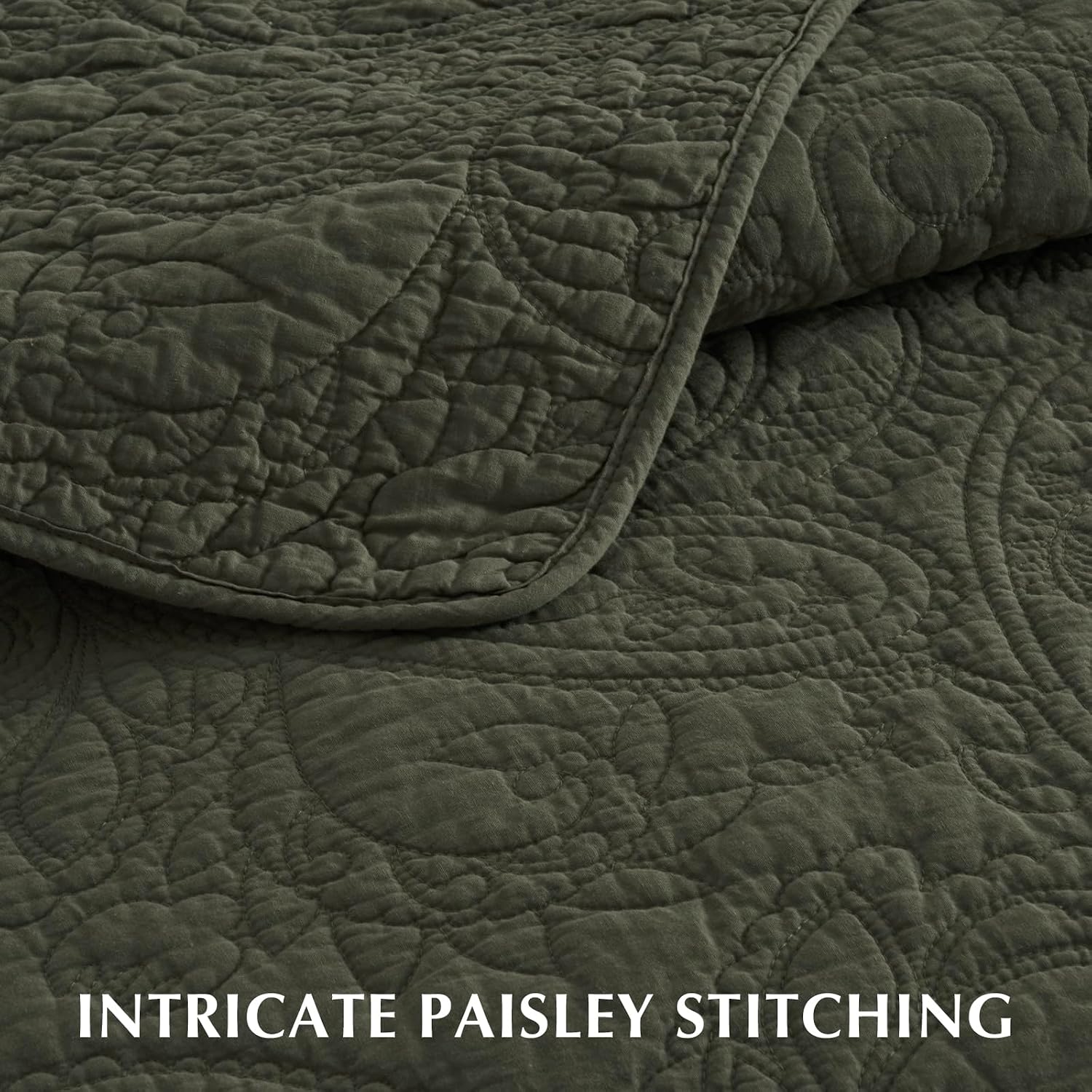 EVERGRACE 100% Cotton Paisley Quilt Set, King Size 3 Piece Set – Prewashed Lightweight Bedspread with 2 Shams, Soft & Breathable Matelasse-Style Quilted Coverlet, Olive Green