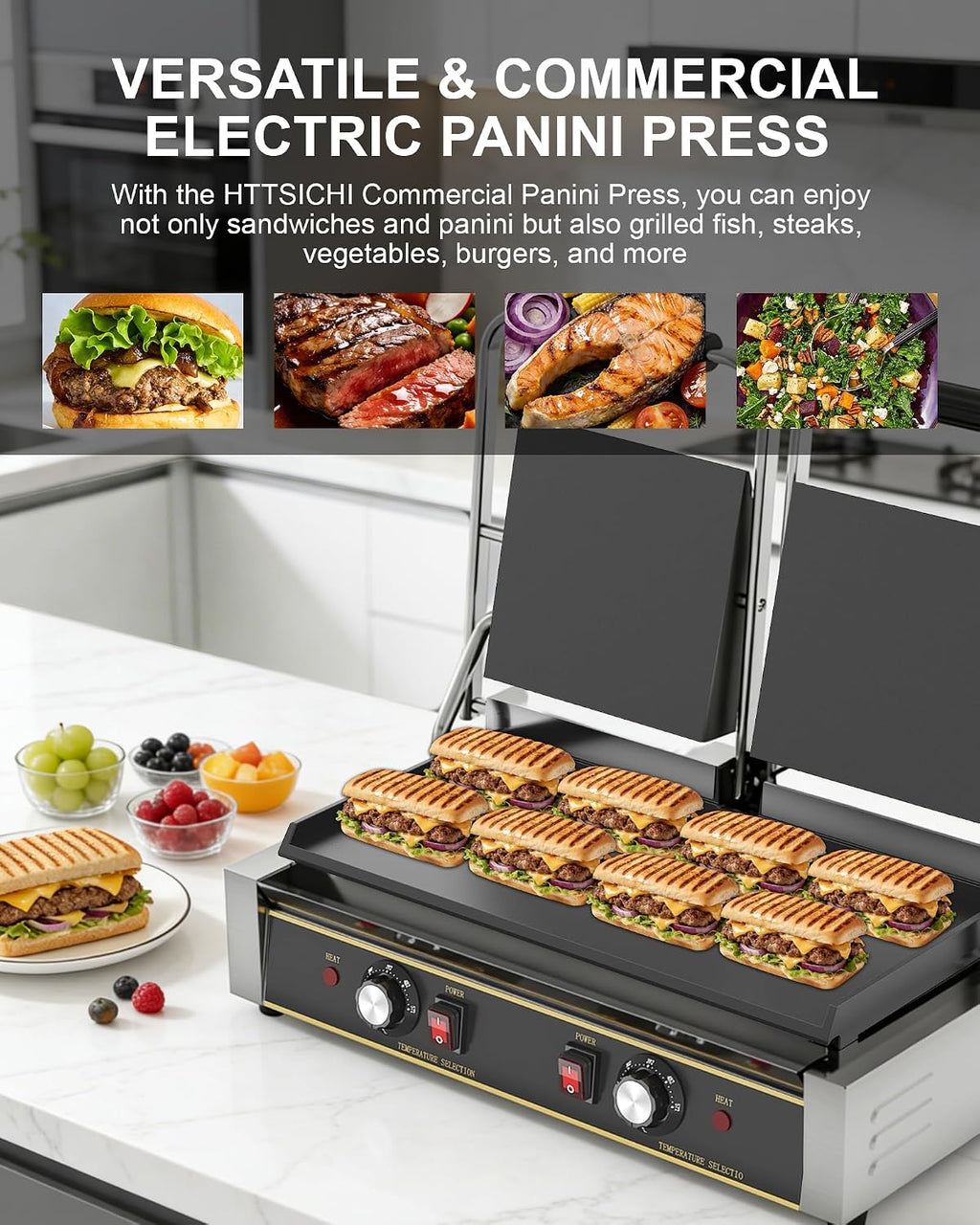Commercial Panini Press - 3600W Double Sandwich Press, Stainless Steel Electric Panini Grill w/Dual Independent Temp Controls, 19'x9' Full Flat Smooth Cooking Pan for Hamburger Steak Bacon