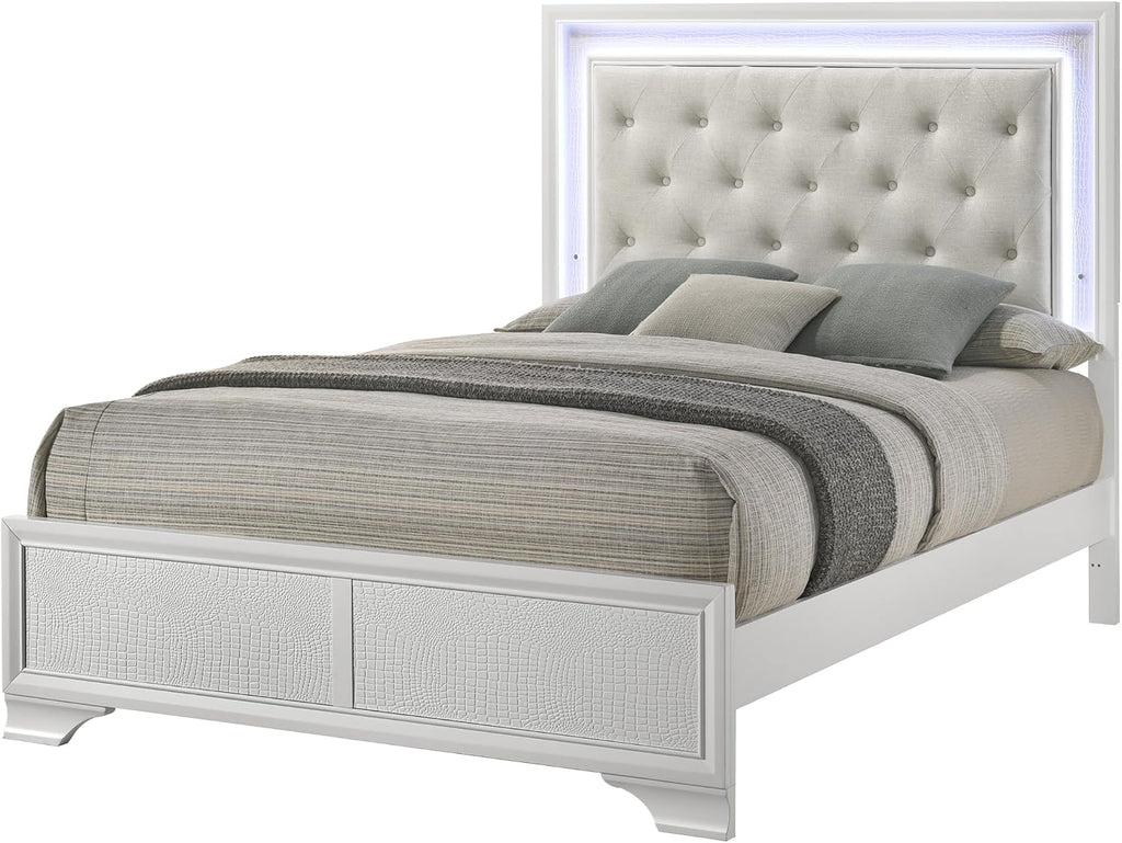 Modern Crisp White Textured Finish Tufted Headboard Integrated LED Lighting King Size 5pc Bed Set Bedroom Furniture